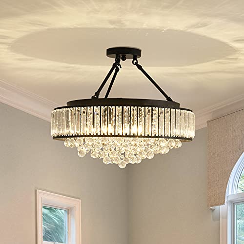 6 Light Modern Large Crystal Chandelier Black Metal E26 Semi Flush Mount Round Light Fixture Ceiling Lamp Farmhouse for Dining Living Room Laundry Foyer Kitchen Balcony Bedroom
