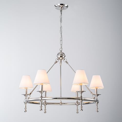 6 Lights W34in Polished Nickel and White Pleated Fabric Chandeliers for Dining Room Mid Century Modern Large Round Chandeliers for Classic Living Room