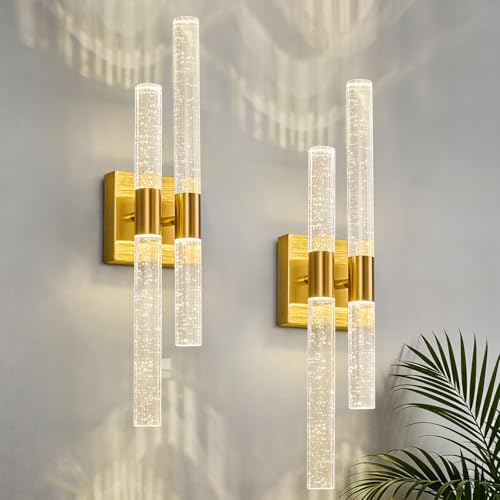 Crystal Wall Sconces Set of Two LED Bathroom Vanity Light Fixtures Gold 21.25in 4000K Vertical and Horizontal Wall Mounted Sconces for Bedroom (2 Count)