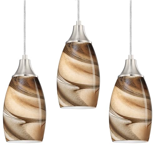 Mini Pendant Lights Kitchen Island Light Brown Glass Lamp Shade Hand Blown Glass Pendant Light with Brush Nickel Finish Adjustable Cord for Kitchen Over Sink (3 Count)
