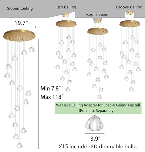 LED Glam Chandelier 118 inches Long Light Luxury Crystal Ceiling Chandeliers Remote Dimmable High Ceiling Pendants Lighting Fixtures Antique Gold 15 Lights