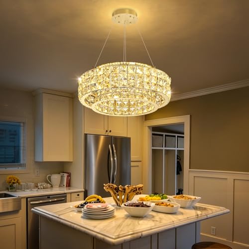 LED Chandeliers for Dining Room LED Dimmable Pendant Lights for Kitchen Island Crystal Adjustable Chandelier for Bedroom Hallway Entrance 16" Gold Light