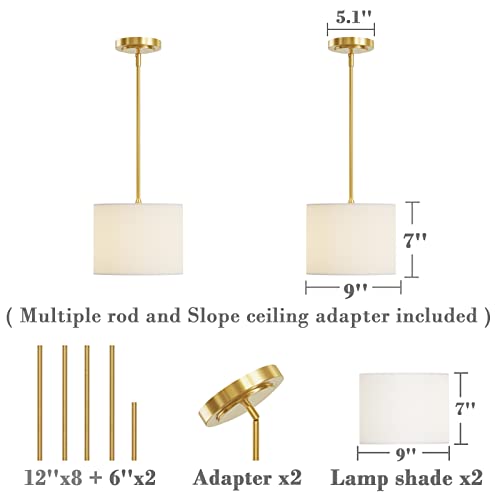 9" Dia White Linen Drum Shade Hanging Pendant Light Fixture with Polished Gold Pole Kit (2 Count)