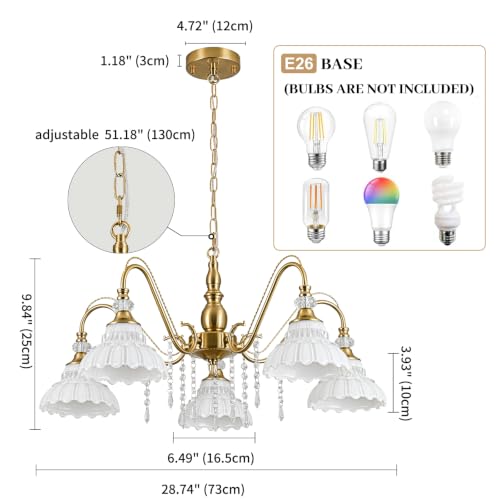 5 Light Vintage Chandelier in Brushed Gold Finish with Flower (5-Light / Gold and White)