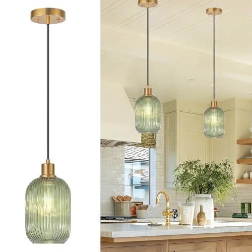 1 Pack Pendant Lights with Vintage Green Ribbed Glass Lampshade