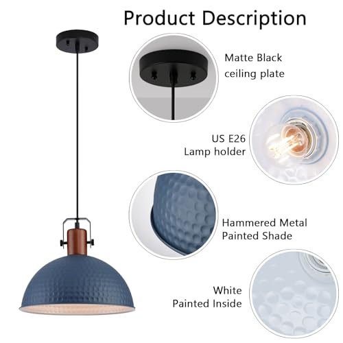 12 Inch Blue Pendant Lights Hammered Matte Pendant Lights for Kitchen Island Industrial Farmhouse Adjustable Height Dome Hanging Light Fixtures for Barn (2 Count)