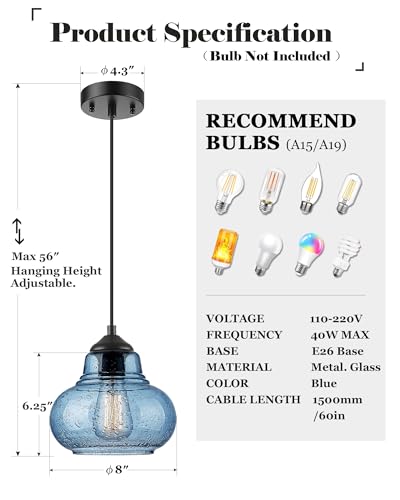2 Pack Bubble Glass Pendant Lights 8 inch Modern Blue Hand Blown Globe Glass Pendant Lighting Hanging Light fixtures for Kitchen Island Dining Room Bar Bedroom Living Room (2 Count)