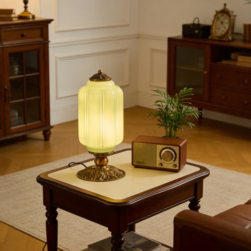 Vintage Green Milk Glass Table Lamp with Antique Metal Base