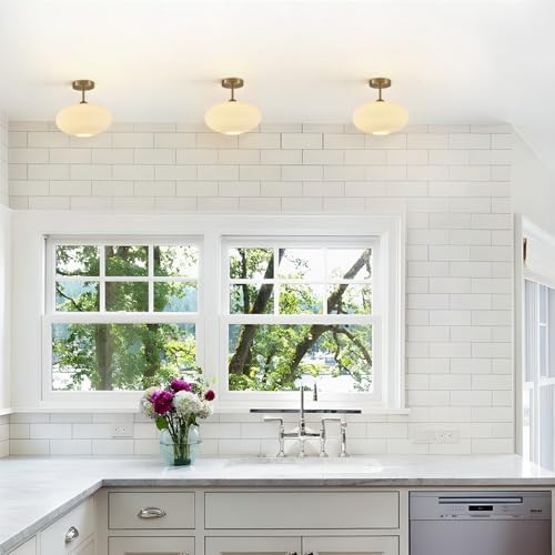 Ribbed Milk Glass Flush Mount Ceiling Light Mid Century Modern Entry Light Fixture White Semi Flush Mount Lights Gold Globe Hallway Ceiling Light (2 Count)