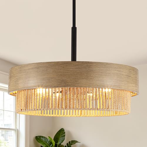 23.6" Large Wood Texture Drum Chandelier for Dining Room with Woven Rattan