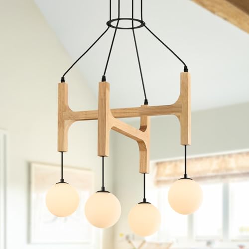 Natural 4 Light Wooden Chandelier with Milk Glass Globe L24 Inch