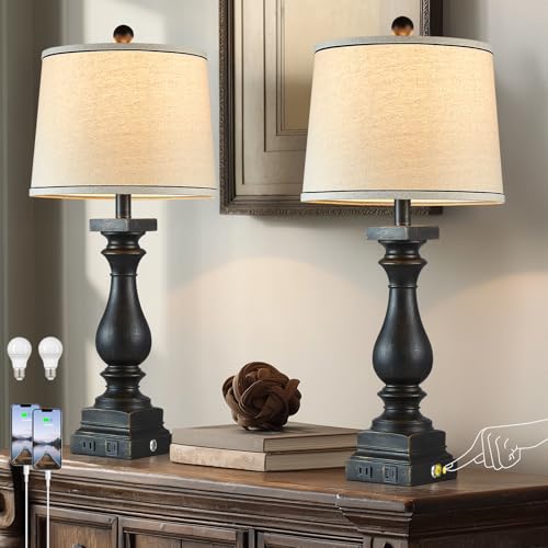 28" Tall Farmhouse Table Lamps Set of 2 with USB C+A Ports and AC Outlet (2 Count)