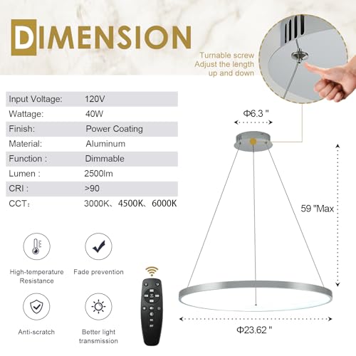 Nickel LED Ring Chandelier 24" Remote Control Dimmable Flush Mount Pendant Chandelier for Dinning Room Office Kitchen Living Room