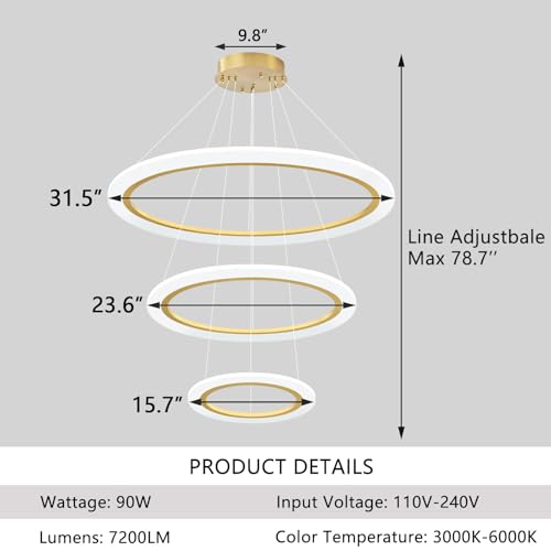 Modern LED Chandelier 3 Ring Chandelier for Dining Room Living Room Pendant Lighting Fixture High Ceiling Hanging LED Pendant Ceiling Light Fixture for Bedroom Foyer Gold