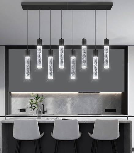 8 Lights Modern Crystal Chandeliers for Kitchen Island Pendants Lighting Fixture for Dining Room LED Ceiling Light for Hallway Foyer 6000K Black