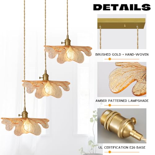 3 Light Vintage Petal Glass Ceiling Hanging Light Adjustable Gold Brass Chandelier Amber Glass Shade LED Linear Island Light for Dining Room Farmhouse