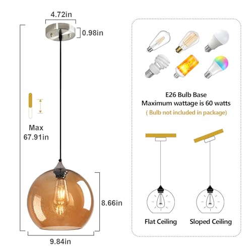 Amber Glass Pendant Lights Kitchen Island Globe Pendant Light Fixtures Modern Pendant Lighting for Bedroom Living Dining Room Light Fixture (2 Count)