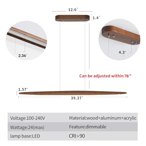 39" Wood Linear Pendant Light LED Dimmable Hanging Light Dinning Room Light Fixture Island Lights 24w for Dining Room Kitchen Island Bar Walnut Color