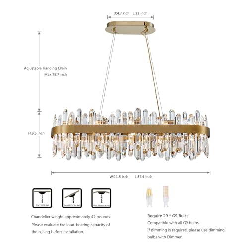 Gold Oval Crystal Chandelier L35.4 inch