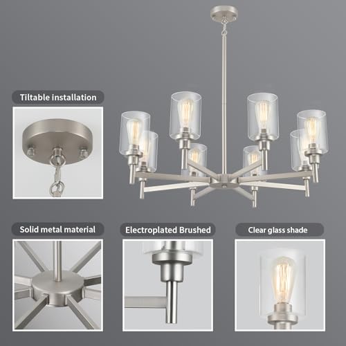 8 Light Farmhouse Brushed Nickel Chandeliers for Dining Room Light Fixture