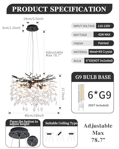 Modern Tree Branch Crystal Chandelier Luxury Black Crystal Pendant Lighting 18" Contemporary 6