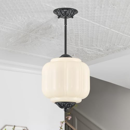 Vintage Black Pendant Lights Milky Glass Semi Flush Ceiling Light Fixture