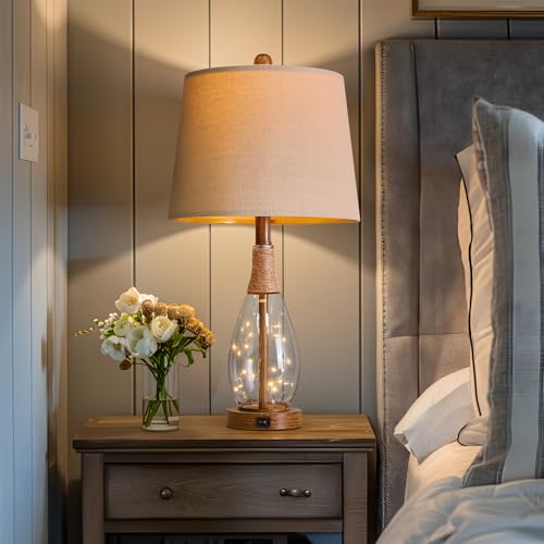 23" USB A+C Table Lamp for Bedroom Living Room Modern Bedside Lamps Retro Farmhouse Rattan Glass Nightstand Nightlight Lamps
