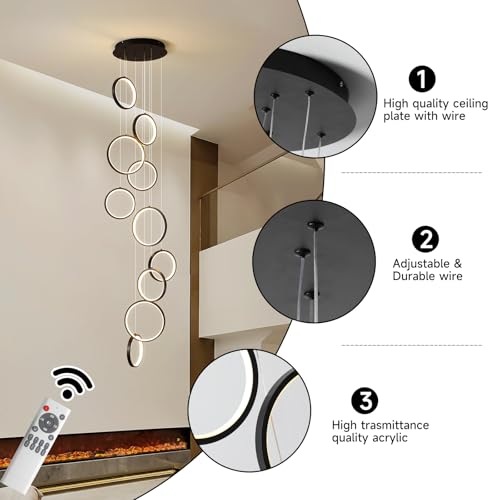 Modern 10 Ring Black LED Chandelier for High Ceilings and Foyers
