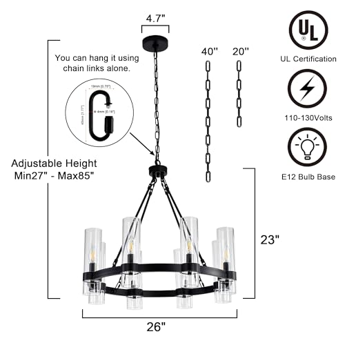 26 Inch Black Wagon Wheel Chandelier 8 Lights with Glass Shade