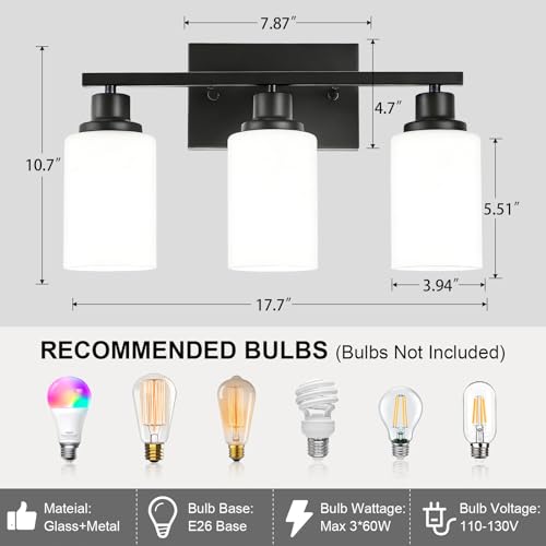 3 Light Black Bathroom Light Fixture Over Mirror