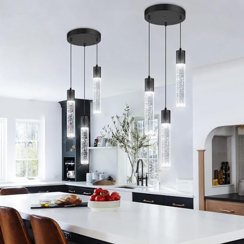 3 Lights Pendants Light for Kitchen Island Chandeliers Dining Room Pendant Lighting Fixture Bubble Crystal Ceiling Hanging Lights Bedroom Island Kitchen 6000K White Light Fixtures Black