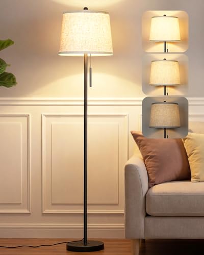 Upgraded】 Modern Black Floor Lamp 63in Standing Lamp for Living Room Bedroom Office 3 Way Brightness Dimmable Tall Pole Light with Beige Linen Shade Metal Shade 8W 3000K LED Bulb Included