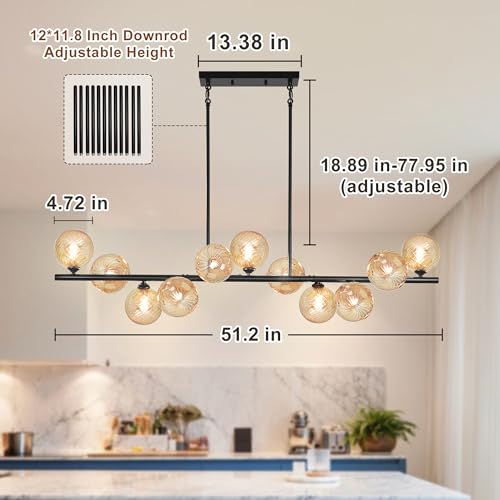 Linear Chandeliers for Dining Room 51" Island Lights for Kitchen Modern Sputnik Chandelier with Amber Swirled Glass 11 Light Dining Room Chandelier Large Linear Chandeliers for Kitchen Island (11 Count)