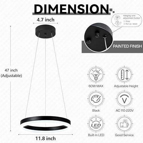 12" Black Led Ring Chandelier Ring Modern Led Chandelier Modern Pendant Lights Adjustable Height Light Contemporary Light Fixture for Kitchen Island Bedroom Dining Room Living Room