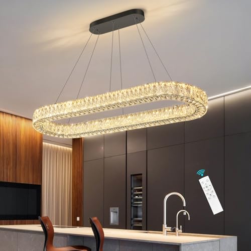 Modern Oval Crystal Chandelier for Dining Room Dimmable LED Chandeliers Rectangular Pendant Light Fixture with Remote for Living Room Kitchen Island Black