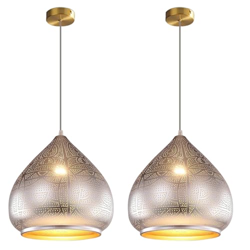 2 Pack Pendant Light Moroccan Chandelier Vintage Farmhouse Ceiling Hanging Light Fixtures Sliver Hardwire Flush Mount Pendant Light for Kitchen Island Dining Room Restaurant