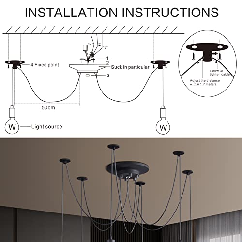 Vintage Edison Multiple Ajustable DIY Ceiling Spider Lamp Light Pendant Lighting Chandelier Modern Chic Industrial Dining with Romote Control