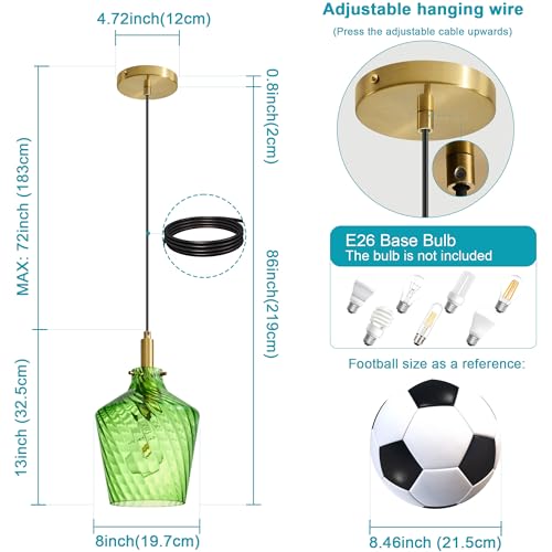 Stripes Green Glass Pendant Light for Kitchen Island Gold 8 Inch 1 Pack