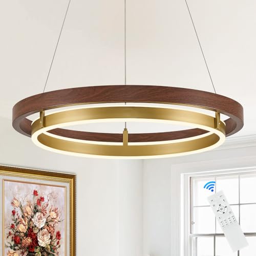 LED 2 Ring Brass Gold Chandelier Dimmable Up Down Light Gold Walnut Wood