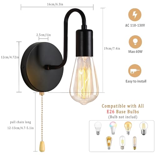 Hardwire Black Pull Chain Wall Light Fixture