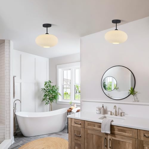 White Ribbed Glass Flush Mount Ceiling Light Large Vintage Milk Glass Semi Flush Mount Light Farmhouse Black Ceiling Light Fixtures Mid Century Modern Hallway Light Fixtures (2 Count)