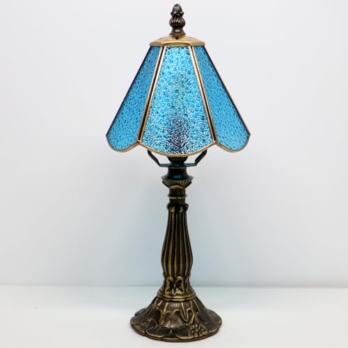 Small Tiffany Table Lamp Pink Diamond Style Stained Glass Desk Lamps 6X6X14 Inch Bronze Resin Base Antique Mini Accent Light