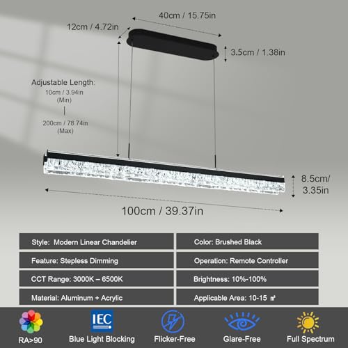 LED Chandelier Modern Black Linear Chandelier Light Fixture Dimmable Led Pendant Light for Kitchen Island Lighting L39in with Remote 3000K