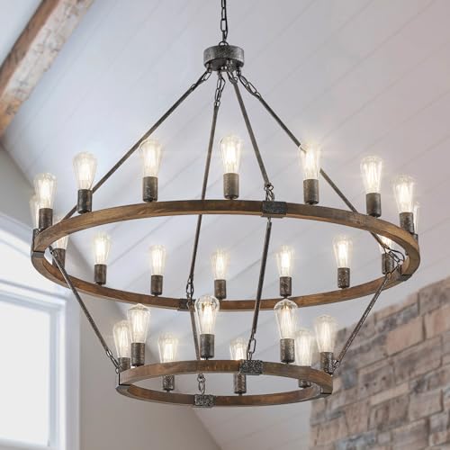 2 Tier Farmhouse Wagon Wheel Chandelier 43" Rustic Large Chandelier (24 Count)