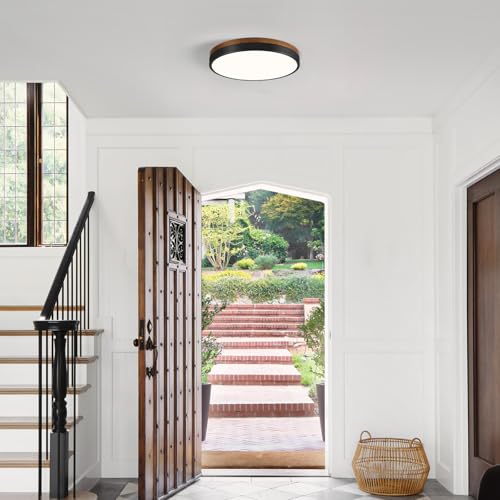 Modern Walnut Wood Black Flush Mount Ceiling Light 11.81 Inch