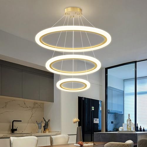 Modern LED Chandelier 3 Ring Chandelier for Dining Room Living Room Pendant Lighting High Ceiling Hanging Light Fixture for Bedroom Foyer Gold