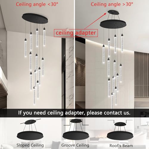 12 Lights Modern Chandeliers for Entryway High Ceiling Chandelier LED Dimmable Long Lights Fixture Pendants Lighting Crystal Chandeliers for Hallway Foyer Living Room Black Finished Lighting