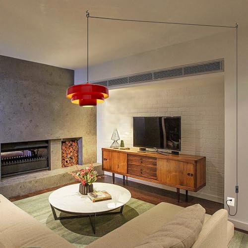Hanging Lamp Plug in Red Pendant Light Fixtures Mid Century Modern Pendant Lamp Nordic Style Pendant Lighting Metal Shade for Living Room Dining Room Bedroom Kitchen Island