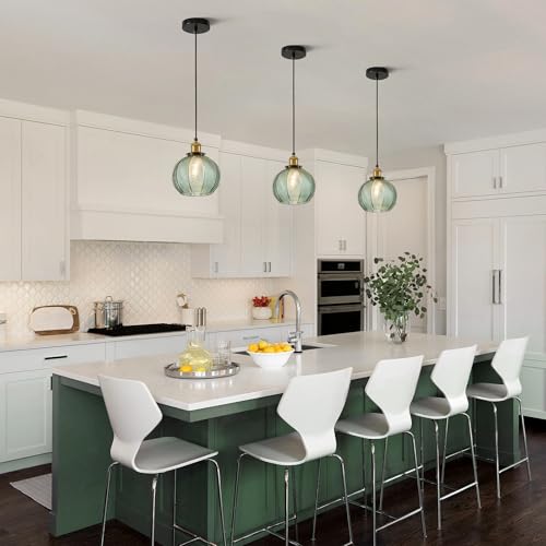 Vintage Green Ribbed Glass Pendant Lights for Kitchen Island 2 Pack