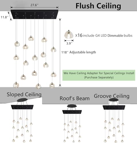 W27.6 x D11.8 x H118 Rectangular Glam Chandelier Bubble Crystal Ceiling Pendant Lights Dimmable High Ceiling Chandeliers Fixtures Adjustable Long Lights Black